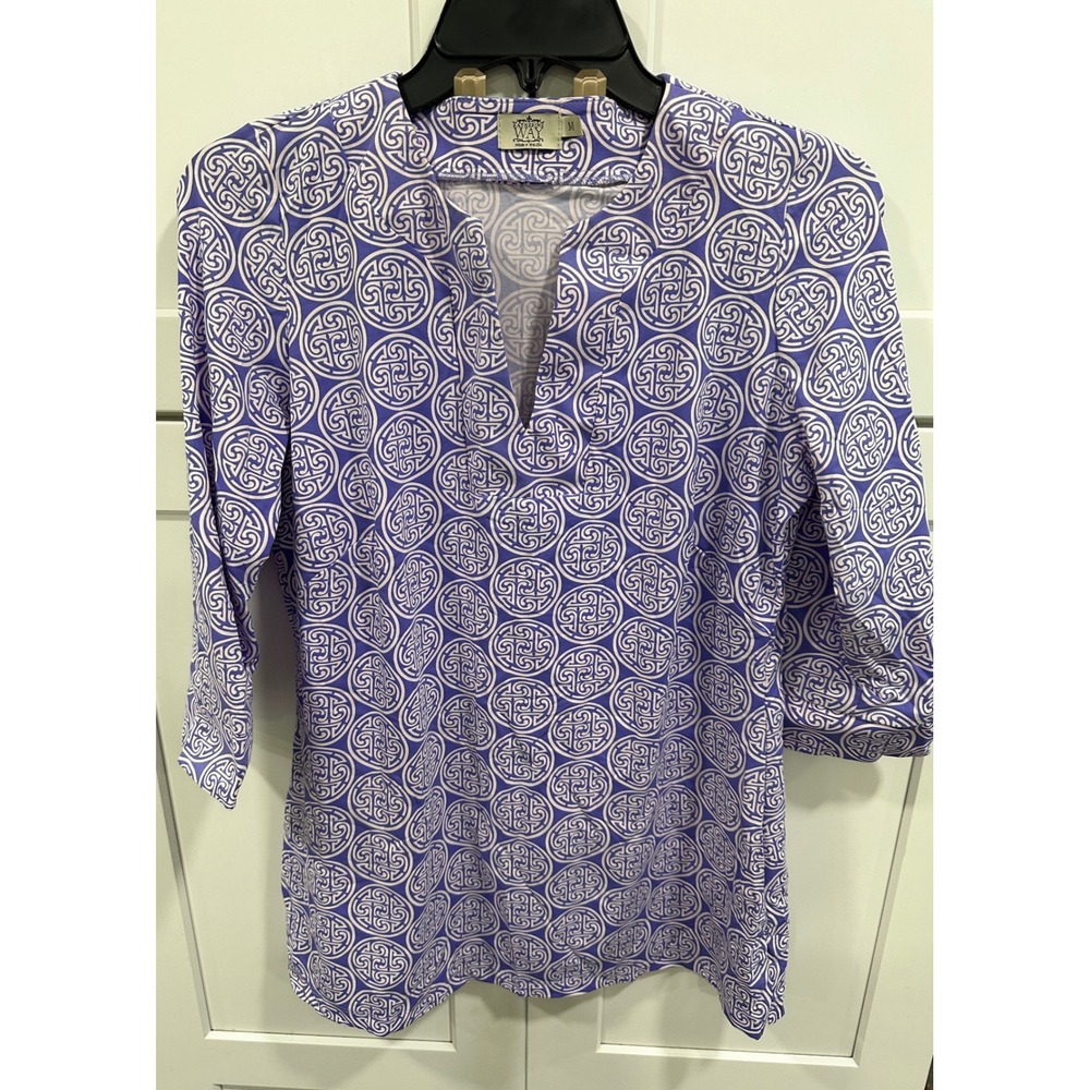 Katherine Way Tunic Top Geometric Print 3/4 Sleeve USA Made Medium